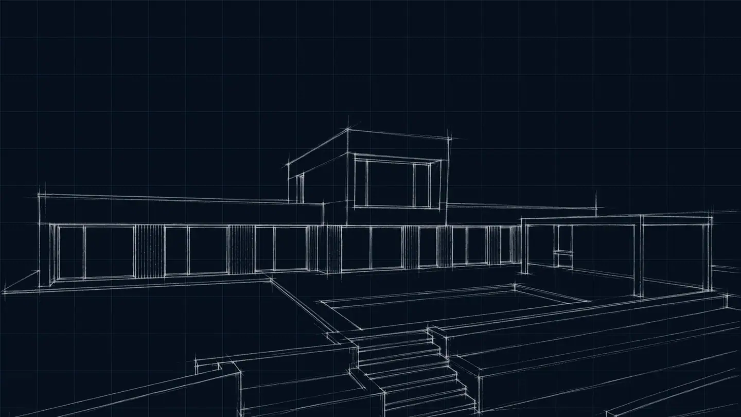 Una misma villa pasa de boceto a maqueta, a materiales, a jardín y a la hora azul