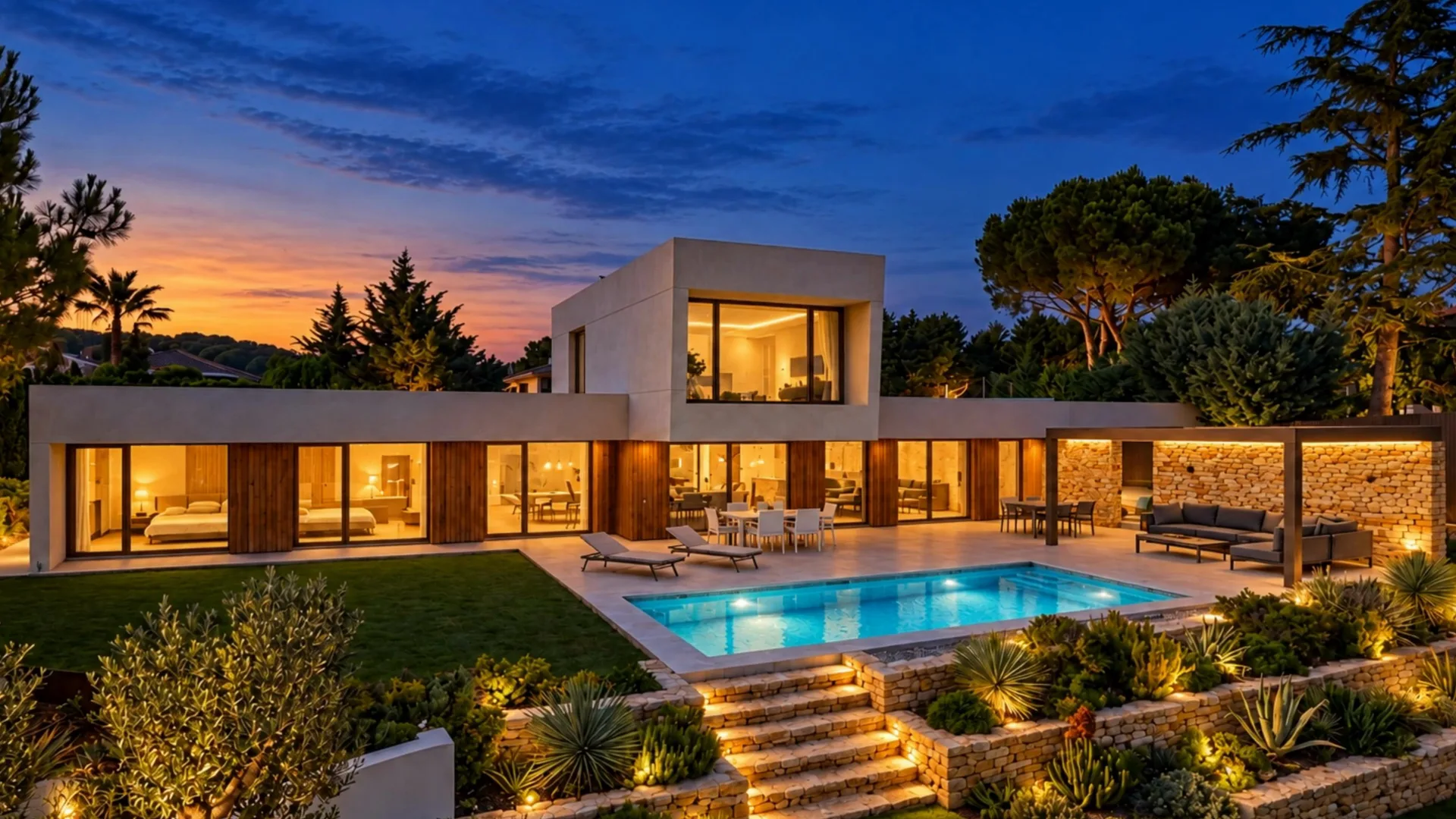 La villa iluminada en la hora azul