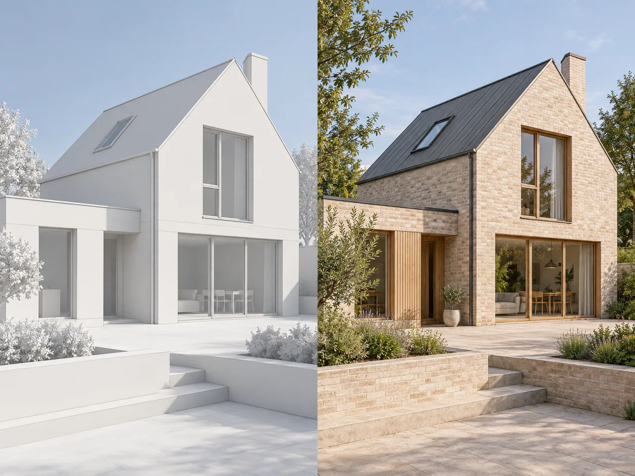 Comparación: maqueta 3D blanca y una propuesta de render con materiales e iluminación.