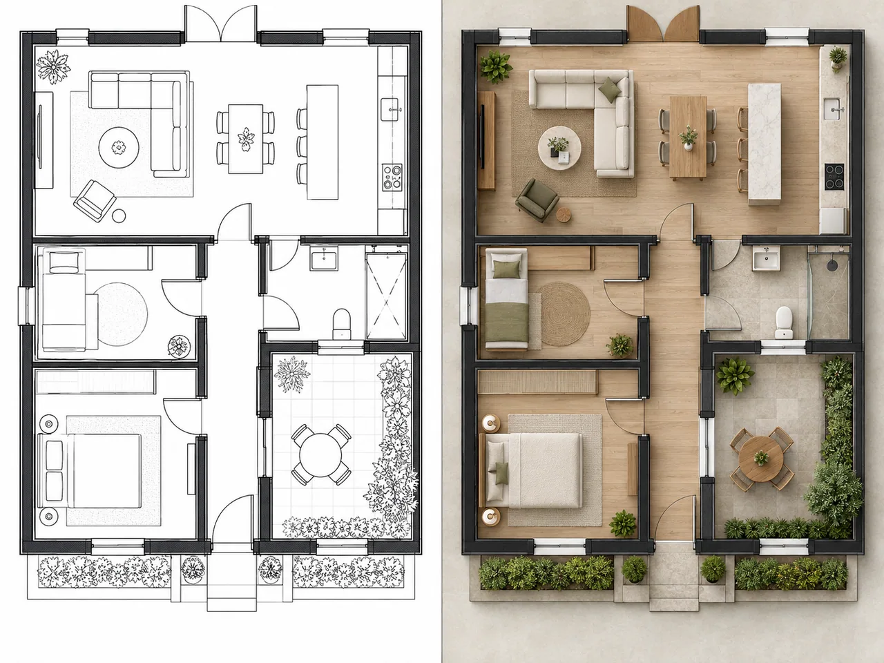 Comparación: planta en blanco y negro y una propuesta visual con texturas y mobiliario.